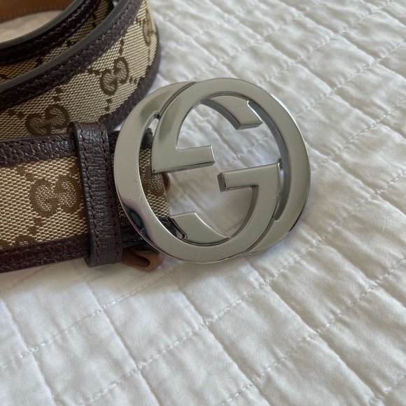 ❌SOLD❌💯Authentic Gucci Canvas Leather Silver Interlocking Buckle belt size 38 - Picture 5 of 15